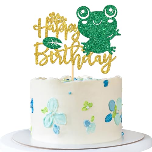 Tortenaufsatz Frosch Happy Birthday – Regenwald-Frosch-Geburtstagstortenzubehör – Froschprinz Kindergeburtstag Party Dekorationen – Goldglitzer Tortenaufsatz Frosch Happy Birthday – Regenwald-Frosch-Geburtstagstortenzubehör – Froschprinz Kindergeburtstag Party Dekorationen – Goldglitzer von MERRSHIN