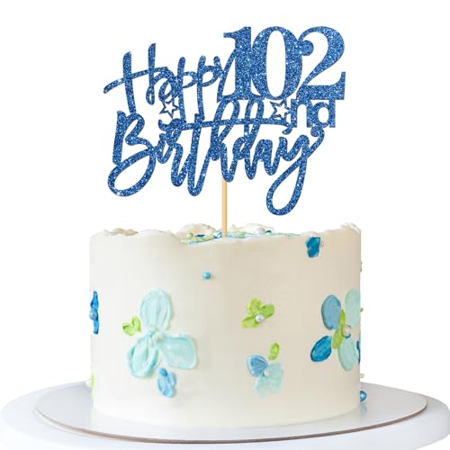 Tortenaufsatz "Happy 102nd Birthday", für Damen und Herren, 102 Jahre alt, Party-Dekoration, blauer Glitzer Tortenaufsatz "Happy 102nd Birthday", für Damen und Herren, 102 Jahre alt, Party-Dekoration, blauer Glitzer von MERRSHIN