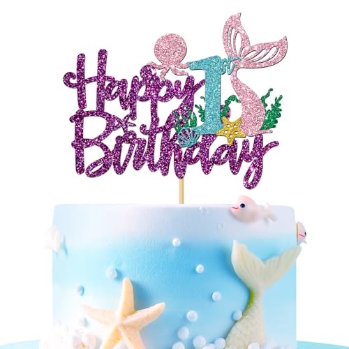 Tortenaufsatz "Mermaid Happy 1st Brithday" – unter dem Meer Thema Mädchen für Kinder, One Birthday Cake Supplies/Ocean World 1. Meerjungfrau Geburtstag Party Dekoration – Lila Glitzer Tortenaufsatz "Mermaid Happy 1st Brithday" – unter dem Meer Thema Mädchen für Kinder, One Birthday Cake Supplies/Ocean World 1. Meerjungfrau Geburtstag Party Dekoration – Lila Glitzer von MERRSHIN