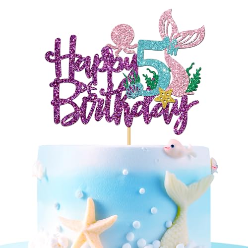 Tortenaufsatz "Mermaid Happy 5th Brithday" – unter dem Meer Thema Mädchen Kind 5. Geburtstag Kuchenzubehör / Ocean World 5. Meerjungfrau Geburtstag Party Dekoration – Lila Glitzer Tortenaufsatz "Mermaid Happy 5th Brithday" – unter dem Meer Thema Mädchen Kind 5. Geburtstag Kuchenzubehör / Ocean World 5. Meerjungfrau Geburtstag Party Dekoration – Lila Glitzer von MERRSHIN