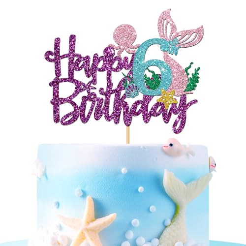 Tortenaufsatz "Mermaid Happy 6th Brithday" – unter dem Meer Thema Mädchen Kinder Sechs Geburtstag Kuchen Supplies/Ocean World 6. Meerjungfrau Geburtstag Party Dekoration – Lila Glitzer Tortenaufsatz "Mermaid Happy 6th Brithday" – unter dem Meer Thema Mädchen Kinder Sechs Geburtstag Kuchen Supplies/Ocean World 6. Meerjungfrau Geburtstag Party Dekoration – Lila Glitzer von MERRSHIN