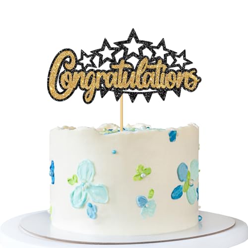 Tortenaufsatz mit Aufschrift "Congratulations", Abschluss-Kuchenzubehör, Ruhestand, Hochzeit, Geburtstag, Jahrestag, Abschied, Babyparty, Brautparty, Party-Dekoration, Glitzer, Schwarz und Goldmix von MERRSHIN