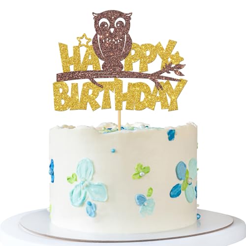 Tortenaufsatz mit Eulen-Motiv, Motiv: Tiergeburtstagskuchenzubehör, Babyparty, Kindergeburtstag, Party-Dekoration, goldfarbener Glitzer Tortenaufsatz mit Eulen-Motiv, Motiv: Tiergeburtstagskuchenzubehör, Babyparty, Kindergeburtstag, Party-Dekoration, goldfarbener Glitzer von MERRSHIN
