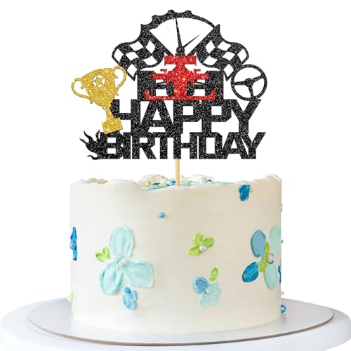 Tortenaufsatz mit Rennwagen "Happy Birthday", Rennwagen, karierte Flagge, Kuchenzubehör – Let's Go Racing Party – Sport-Party-Dekorationen – schwarzer Glitzer Tortenaufsatz mit Rennwagen "Happy Birthday", Rennwagen, karierte Flagge, Kuchenzubehör – Let's Go Racing Party – Sport-Party-Dekorationen – schwarzer Glitzer von MERRSHIN