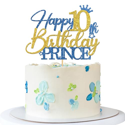 Tortenaufsatz zum 10. Geburtstag, Motiv: Prinz – Happy 10th Birthday Kuchenzubehör für Jungen – Junge 10 Jahre alte Geburtstagsparty-Dekorationen – Blau & Gold Glitzer Tortenaufsatz zum 10. Geburtstag, Motiv: Prinz – Happy 10th Birthday Kuchenzubehör für Jungen – Junge 10 Jahre alte Geburtstagsparty-Dekorationen – Blau & Gold Glitzer von MERRSHIN