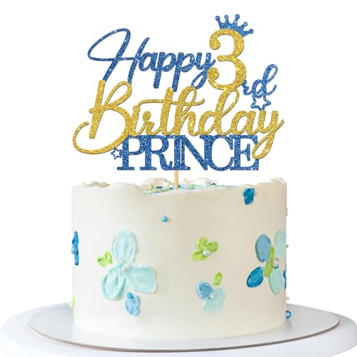 Tortenaufsatz zum 3. Geburtstag, Motiv: Prinz – Happy 3rd Birthday Kuchenzubehör für Jungen – Junge 3 Jahre alte Geburtstagsparty-Dekorationen – Blau & Gold Glitzer Tortenaufsatz zum 3. Geburtstag, Motiv: Prinz – Happy 3rd Birthday Kuchenzubehör für Jungen – Junge 3 Jahre alte Geburtstagsparty-Dekorationen – Blau & Gold Glitzer von MERRSHIN