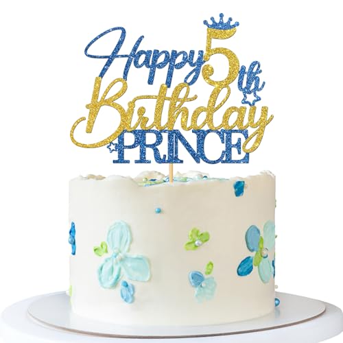 Tortenaufsatz zum 5. Geburtstag, Motiv: Prinz – Happy 5th Birthday Kuchenzubehör für Jungen – Junge 5 Jahre alte Geburtstagsparty-Dekorationen – Blau & Gold Glitzer Tortenaufsatz zum 5. Geburtstag, Motiv: Prinz – Happy 5th Birthday Kuchenzubehör für Jungen – Junge 5 Jahre alte Geburtstagsparty-Dekorationen – Blau & Gold Glitzer von MERRSHIN