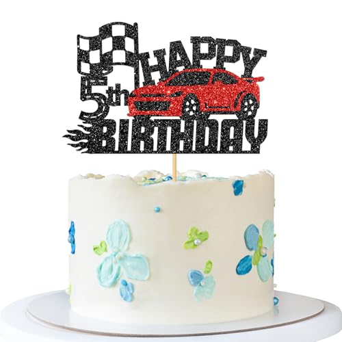 Tortenaufsatz zum 5. Geburtstag, Rennwagen, karierte Flagge, Rennwagen, 5. Geburtstag, Sport-Party-Dekoration, schwarz-roter Glitzer Tortenaufsatz zum 5. Geburtstag, Rennwagen, karierte Flagge, Rennwagen, 5. Geburtstag, Sport-Party-Dekoration, schwarz-roter Glitzer von MERRSHIN