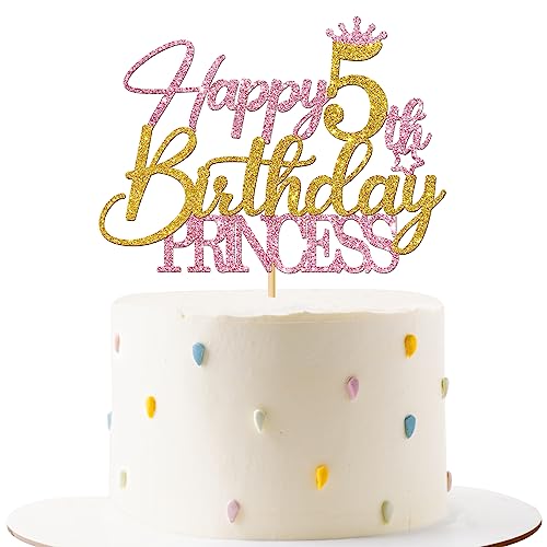 Tortenaufsatz zum 5. Geburtstag mit Prinzessinnen-Motiv – Happy 5th Birthday Kuchenzubehör für Mädchen – Mädchen 5 Jahre alte Geburtstagsparty-Dekorationen – Rosa & Gold Glitzer Tortenaufsatz zum 5. Geburtstag mit Prinzessinnen-Motiv – Happy 5th Birthday Kuchenzubehör für Mädchen – Mädchen 5 Jahre alte Geburtstagsparty-Dekorationen – Rosa & Gold Glitzer von MERRSHIN