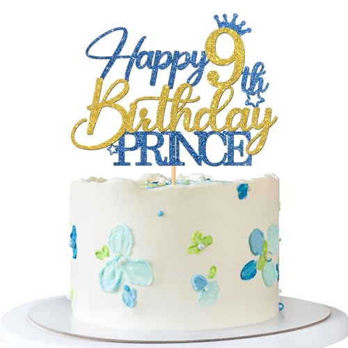 Tortenaufsatz zum 9. Geburtstag, Motiv: Prinz – Happy 9th Birthday Kuchenzubehör für Jungen – Junge 9 Jahre alte Geburtstagsparty-Dekorationen – Blau & Gold Glitzer Tortenaufsatz zum 9. Geburtstag, Motiv: Prinz – Happy 9th Birthday Kuchenzubehör für Jungen – Junge 9 Jahre alte Geburtstagsparty-Dekorationen – Blau & Gold Glitzer von MERRSHIN