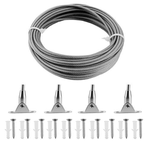 MERVYNGLYNNHUNTER Einstellbar Stahlseil Gardinenseil Vorhang Seilspanngarnitur Gardinen 10M,Seilspannsystem Edelstahl Drahtseil Ummantelt Kit mit 4 Montage Klemme für Decke, Wand von MERVYNGLYNNHUNTER
