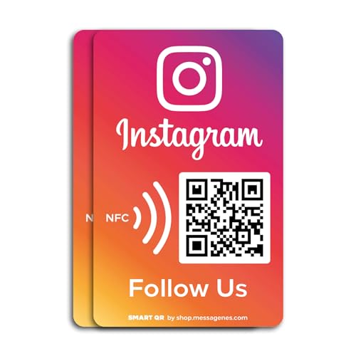MESSAGENES | Aufkleber Folgen Sie uns Instagram mit Smart QR - NFC | PACK 2 Einheiten 8,6 X 5,5 cm | Schilder Bewertung NFC und QR Code | QR immer wieder verwendbar | Ideal für Schaufenster, Wand von MESSAGENES