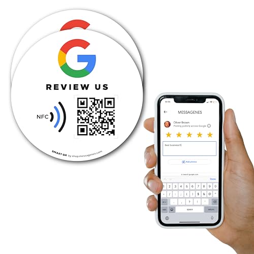 MESSAGENES | Aufkleber Google mit QR und NFC | Schilder Bewertung NFC und QR Code | PACK 2 Runde Einheiten | Google Review | Bewertungen in 1 Klick | Erhöht Bewertungen in Google Ihrer Business von MESSAGENES
