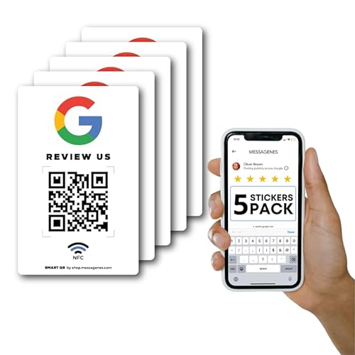MESSAGENES Google QR-Code-Aufkleber, wiederverwendbar, intelligenter QR-Code und NFC, Packung mit 5 Einheiten, 10 cm runder Aufkleber, einfache Bewertungen, Link jederzeit ändern, Google-Aufkleber für von MESSAGENES