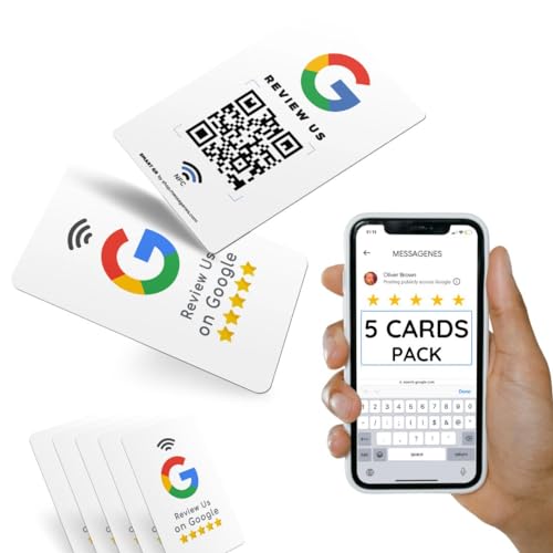 MESSAGENES | PVC-Karte Bewertung auf Google QR-Code und NFC | Google Bewertung Aufsteller | PACK 5 Einheiten | Schilder Bewertung NFC und QR Code | Google Review Card NFC | Google Bewertung Aufsteller von MESSAGENES