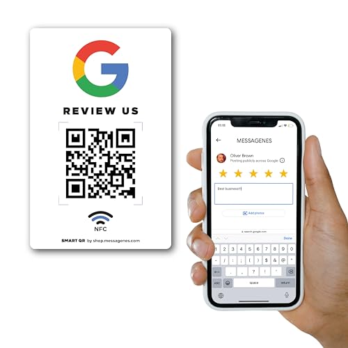 MESSAGENES Personalisierbarer Google Review Us Aufkleber | 1 NFC Kartengröße Aufkleber Einheit | Smart QR und NFC | Einfache Bewertungen | Wiederverwendbarer Link | Ideal für Geschäft, Geschäft, von MESSAGENES