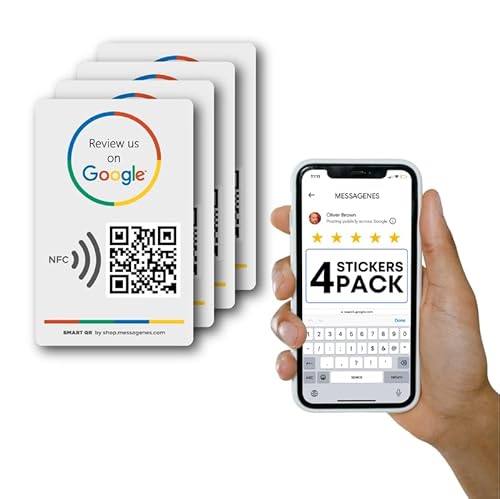 Wiederverwendbare Rezensions-Aufkleber für Google-Rezensionen, 4-Aufkleber-Packung, QR & Tap NFC-Aufkleber, Review Us on Google Tap Aufkleber, iPhone & Android, Boost My Reviews Aufkleber, Einrichtung von MESSAGENES
