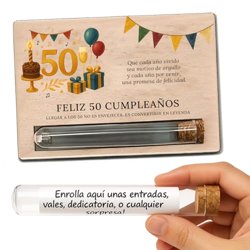 Überraschungsgeschenkkarte - 50 Geburtstag Mann, Geschenke zum 50. Geburtstag Frau - Originelles Geschenk aus Holz mit Tube zum Überraschen mit Gutscheinen, Eintrittskarten oder Nachrichten von METACREART