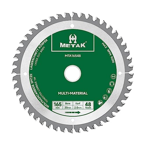 METAK HM Kreissägeblatt 165x20mm 48 Zähne für Aluminium Multi-Material Sägeblatt 165x48 Ideal für Holz, Laminat, MDF, Kunststoff, und Kupfer - Kompatibel mit Metabo, Bosch & vielen weiteren Marken METAK HM Kreissägeblatt 165x20mm 48 Zähne für Aluminium Multi-Material Sägeblatt 165x48 Ideal für Holz, Laminat, MDF, Kunststoff, und Kupfer - Kompatibel mit Metabo, Bosch & vielen weiteren Marken von METAK