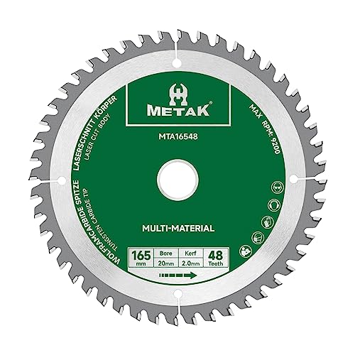 METAK HM Kreissägeblatt 165x20mm 48 Zähne für Aluminium Multi-Material Sägeblatt 165x48 Ideal für Holz, Laminat, MDF, Kunststoff, und Kupfer - Kompatibel mit Metabo, Bosch & vielen weiteren Marken von METAK