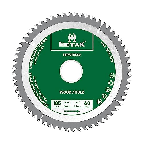 METAK HM Kreissägeblatt 185x30mm, 60 Zähne für Holz - Kompatibel mit Metabo, Bosch & vielen weiteren Marken Sägeblatt 185mm Präzise Schnitte in Holzwerkstoffen von METAK