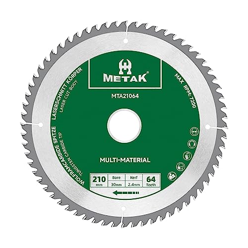 METAK HM Kreissägeblatt 210x30mm 64 Zähne für Aluminium Multi-Material Sägeblatt 210x30 Ideal für Holz, Laminat, MDF, Kunststoff, und Kupfer - Kompatibel mit Metabo, Bosch & vielen weiteren Marken METAK HM Kreissägeblatt 210x30mm 64 Zähne für Aluminium Multi-Material Sägeblatt 210x30 Ideal für Holz, Laminat, MDF, Kunststoff, und Kupfer - Kompatibel mit Metabo, Bosch & vielen weiteren Marken von METAK