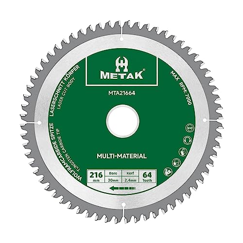 METAK HM Kreissägeblatt 216x30mm 64 Zähne für Aluminium Multi-Material Sägeblatt 216x30 Ideal für Holz, Laminat, MDF, Kunststoff, und Kupfer - Kompatibel mit Metabo, Bosch & vielen weiteren Marken METAK HM Kreissägeblatt 216x30mm 64 Zähne für Aluminium Multi-Material Sägeblatt 216x30 Ideal für Holz, Laminat, MDF, Kunststoff, und Kupfer - Kompatibel mit Metabo, Bosch & vielen weiteren Marken von METAK