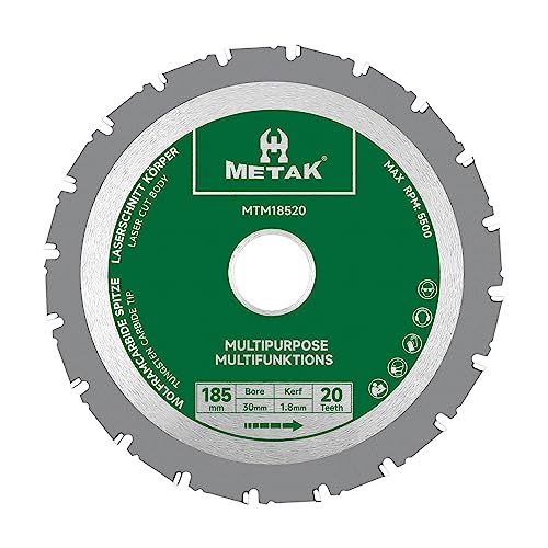 METAK HM Multifunktions Kreissägeblatt 185x30 mm für Holz, Metall, Aluminium | Multi Material Sägeblatt 185mm 20 Zähne für Stahl | Reduzierring 30 mm inklusive von METAK