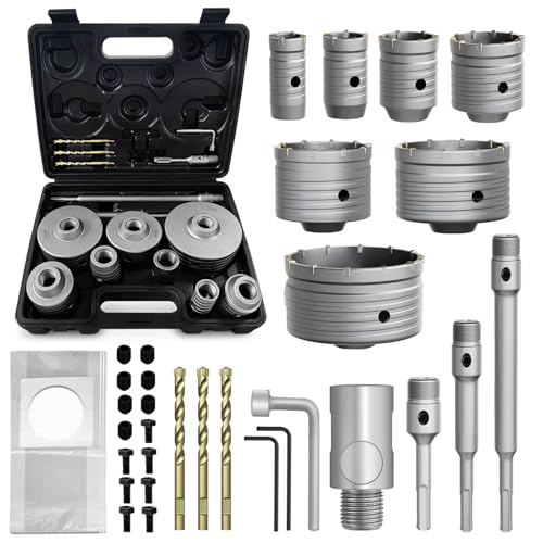 34-teiliges Beton-Lochsägen-Set, 30/40/50/65/80/100/110 mm, mit SDS-Plus-Schaftbohrer-Sets, Mauerwerk-Lochsägen-Werkzeug-Set für Beton, Ziegel, Zement, Stein, Wandbohren. von METOTY