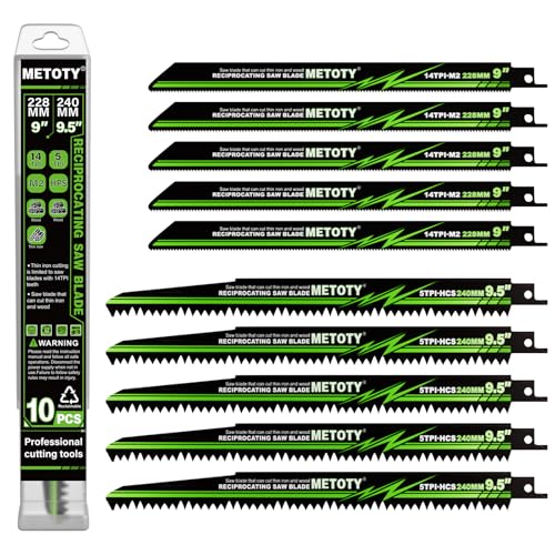 METOTY 10 Stück 228mm & 240mm Säbelsägeblätter Set for Metal Wood Iron, 5 TPI (Tree Branches) & 14 TPI (Iron), with Organizer Case, Durable HCS for Versatile Cutting von METOTY