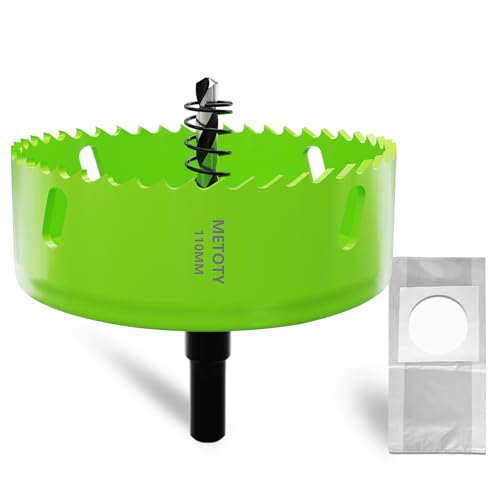 METOTY 110mm Bi-Metall-Lochsäge,Universal HSS M42 Lochsägen,mit Dreiecksschaft Adapter und Zentrierbohrer, Ein kostenloser Staubbeutelfür Aluminium, Metalle, Kunststoffe, Acrylglas, Holz, Gipskarton von METOTY