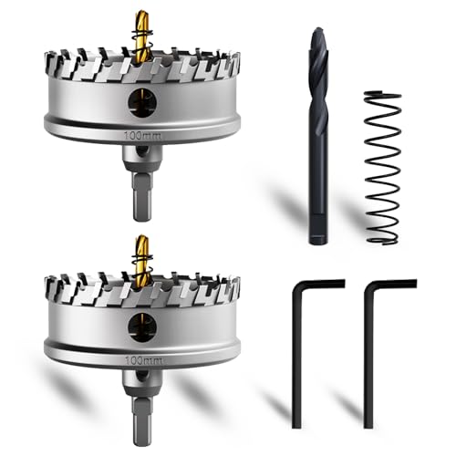 METOTY 2 Stück 100mm lochsäge metall，Hartmetall Lochsäge,Hartmetall Bohrer,mit Ein zusätzlicher nitrierter Stufenführungsbohrer gratis und L-Wrench,für Stahl Eisen Aluminum Metall von METOTY
