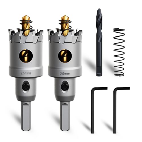 METOTY 2 Stück 26mm lochsäge metall，Hartmetall Lochsäge,Hartmetall Bohrer,mit Ein zusätzlicher nitrierter Stufenführungsbohrer gratis und L-Wrench,für Stahl Eisen Aluminum Metall von METOTY