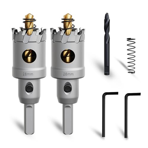 METOTY 2 Stück 28mm lochsäge metall，Hartmetall Lochsäge,Hartmetall Bohrer,mit Ein zusätzlicher nitrierter Stufenführungsbohrer gratis und L-Wrench,für Stahl Eisen Aluminum Metall von METOTY