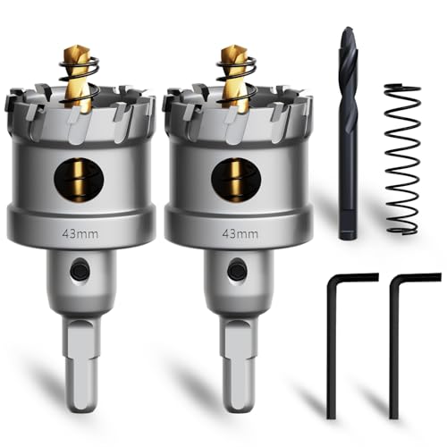 METOTY 2 Stück 43mm lochsäge metall，Hartmetall Lochsäge,Hartmetall Bohrer,mit Ein zusätzlicher nitrierter Stufenführungsbohrer gratis und L-Wrench,für Stahl Eisen Aluminum Metall von METOTY