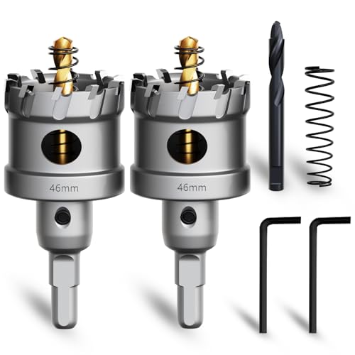 METOTY 2 Stück 46mm lochsäge metall，Hartmetall Lochsäge,Hartmetall Bohrer,mit Ein zusätzlicher nitrierter Stufenführungsbohrer gratis und L-Wrench,für Stahl Eisen Aluminum Metall von METOTY