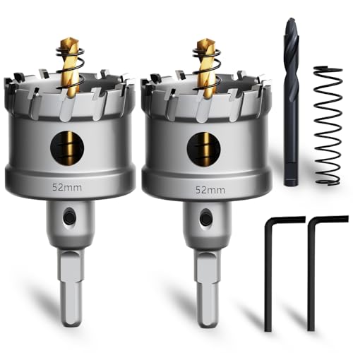 METOTY 2 Stück 52mm lochsäge metall，Hartmetall Lochsäge,Hartmetall Bohrer,mit Ein zusätzlicher nitrierter Stufenführungsbohrer gratis und L-Wrench,für Stahl Eisen Aluminum Metall von METOTY
