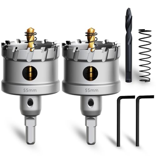 METOTY 2 Stück 55mm lochsäge metall，Hartmetall Lochsäge,Hartmetall Bohrer,mit Ein zusätzlicher nitrierter Stufenführungsbohrer gratis und L-Wrench,für Stahl Eisen Aluminum Metall von METOTY
