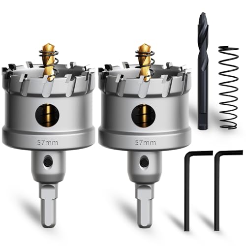 METOTY 2 Stück 57mm lochsäge metall，Hartmetall Lochsäge,Hartmetall Bohrer,mit Ein zusätzlicher nitrierter Stufenführungsbohrer gratis und L-Wrench,für Stahl Eisen Aluminum Metall von METOTY