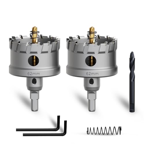 METOTY 2 Stück 62mm lochsäge metall，Hartmetall Lochsäge,Hartmetall Bohrer,mit Ein zusätzlicher nitrierter Stufenführungsbohrer gratis und L-Wrench,für Stahl Eisen Aluminum Metall von METOTY
