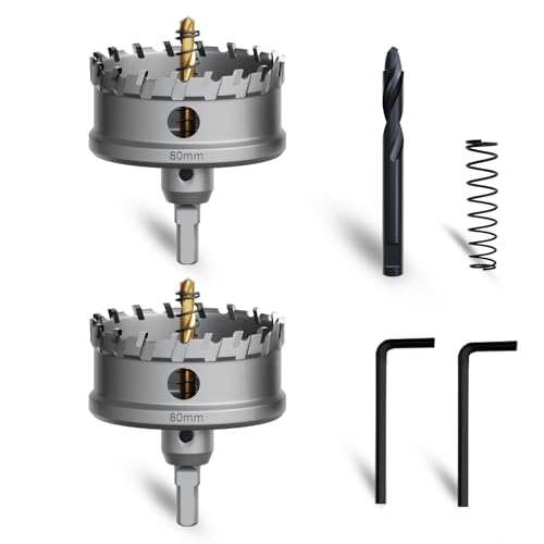 METOTY 2 Stück 80mm lochsäge metall，Hartmetall Lochsäge,Hartmetall Bohrer,mit Ein zusätzlicher nitrierter Stufenführungsbohrer gratis und L-Wrench,für Stahl Eisen Aluminum Metall von METOTY