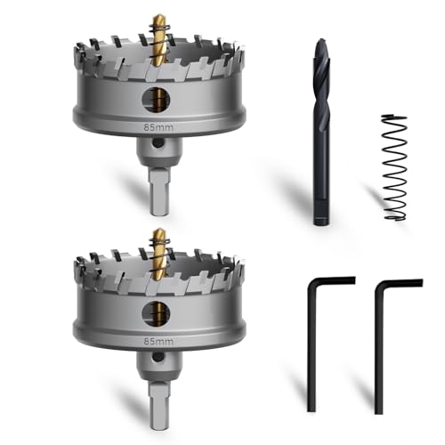 METOTY 2 Stück 85mm lochsäge metall，Hartmetall Lochsäge,Hartmetall Bohrer,mit Ein zusätzlicher nitrierter Stufenführungsbohrer gratis und L-Wrench,für Stahl Eisen Aluminum Metall von METOTY