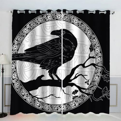 MEVASA Vorhänge Blickdicht Krähe 3D Verdunklungsvorhänge 2er Set mit Ösen Gardinen Gothic-Krähe Vorhang Microfaser Schlafzimmer Kinderzimmer 140 x 160 BxH von MEVASA