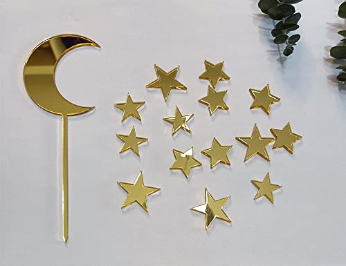 15pcs Acryl Mond Stern Kuchen Toppers, gespiegelt Twink Stern Kuchen Dekoration für Kinder Babyshower Geburtstag Party Supplies(Moon&Star, Gold Mirror) von MEYA