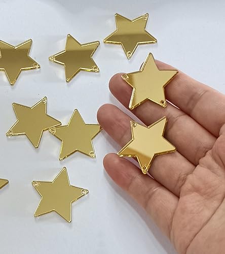 Acryl-Spiegel zum Aufnähen mit Sternen, Acryl-Nähen, Strasssteine, Spiegel-Finish (3 cm, goldfarbener Spiegel) von MEYA