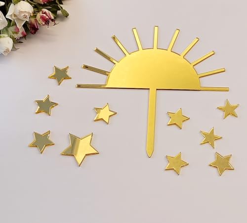 Sonnen-Kuchenaufsatz mit Sternen, Acryl, Halbsonne, Cupcake-Topper mit leuchtenden Sternen, Sonnenschein, Party-Dekoration, Set mit 11 Stück für die Sonnen-Party-Dekoration (goldener Spiegel) von MEYA
