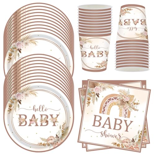 MEZHEN Baby Shower Partygeschirr Boho Kindergeburtstag Deko Geburtstag Party Geschirr Regenbogen Pappteller Becher Servietten Babyparty Tischdeko 20 Gäste von MEZHEN