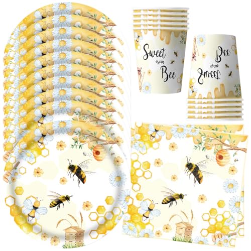 MEZHEN Biene Partygeschirr Kindergeburtstag Deko Bienen Geburtstag Party Geschirr Bee Pappteller Becher Servietten Geburtstagsparty Sommerparty Babyparty Herbst Tischdeko von MEZHEN