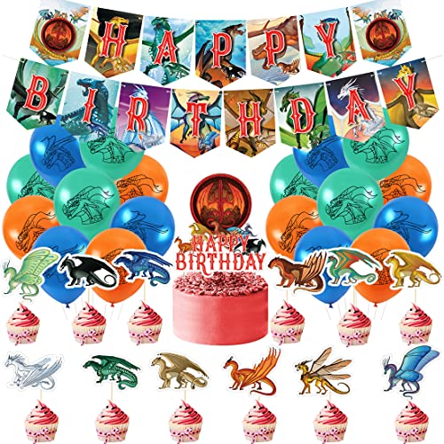 MEZHEN Dragon Geburtstag Deko Luftballon Tortendeko Dragon Ballon Girlande Happy Birthday Banner Dino Geburtstagsdeko Kindergeburtstag Latexballons 32 Stück von MEZHEN