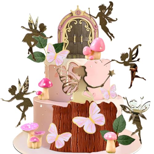 MEZHEN Fairy Tortendeko Garden Fee Kuchen Topper Geburtstag Tortendekoration Mushroom House Cake Decoration Schmetterling Geburtstag Cupcake Toppers Deko Fairy Party Supplies 14 Stück von MEZHEN